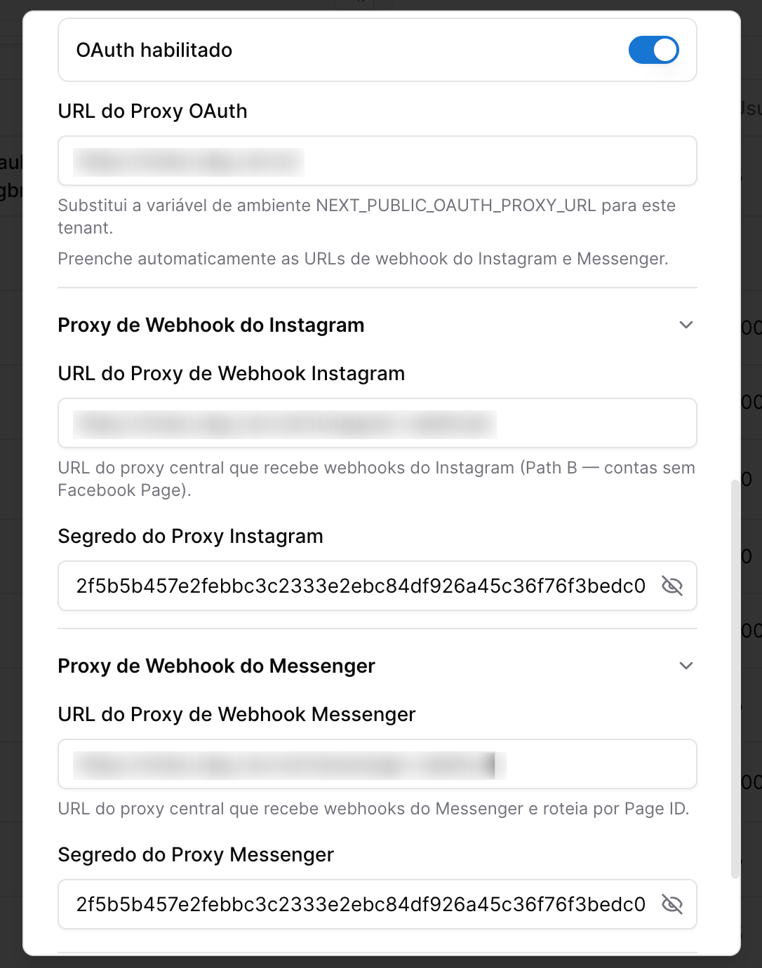 MegaCh@t - tela de configuração do Tenant - oauth instagram e facebook messenger